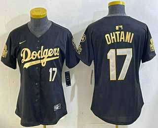 Women%27s Los Angeles Dodgers #17 Shohei Ohtani Black Gold 2024 World Series 34 Patch Stitched Cool Base Jerseys